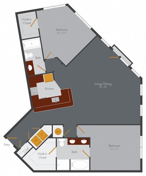 Floor plan for 2 beds, 2 baths, 1327 sqft